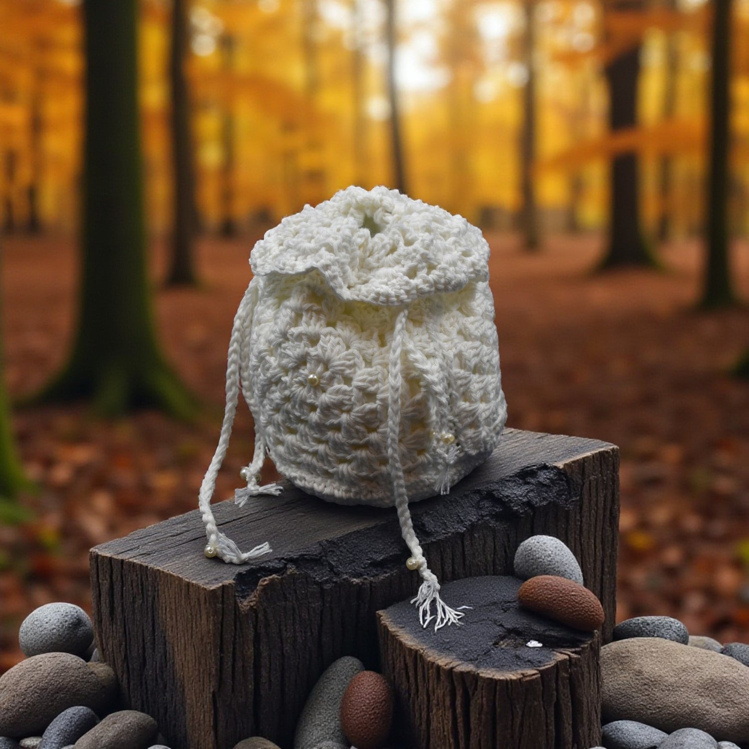 White drawstring crochet bag on a wooden log with a forest background