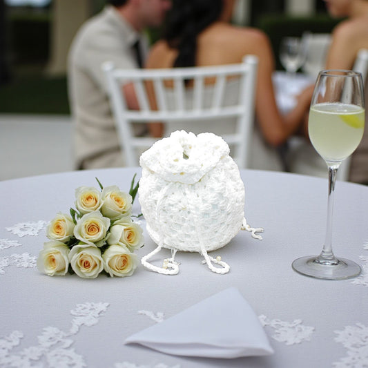 Decorative wedding table setting with a white drawstring crochet bag, bouquet of roses, and glass to toast.