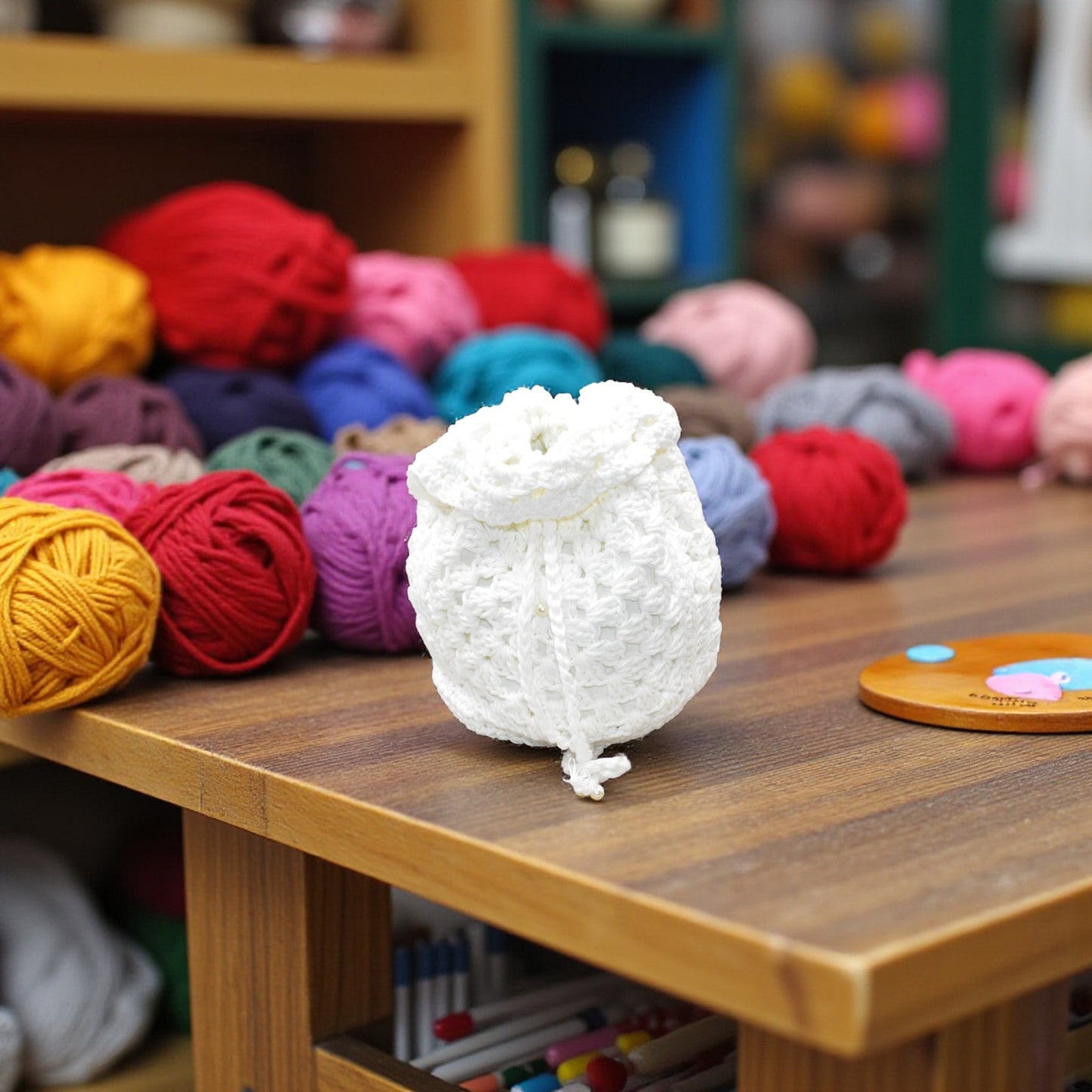 White drawstring crochet bag on a wooden table with colorful yarn balls in the background