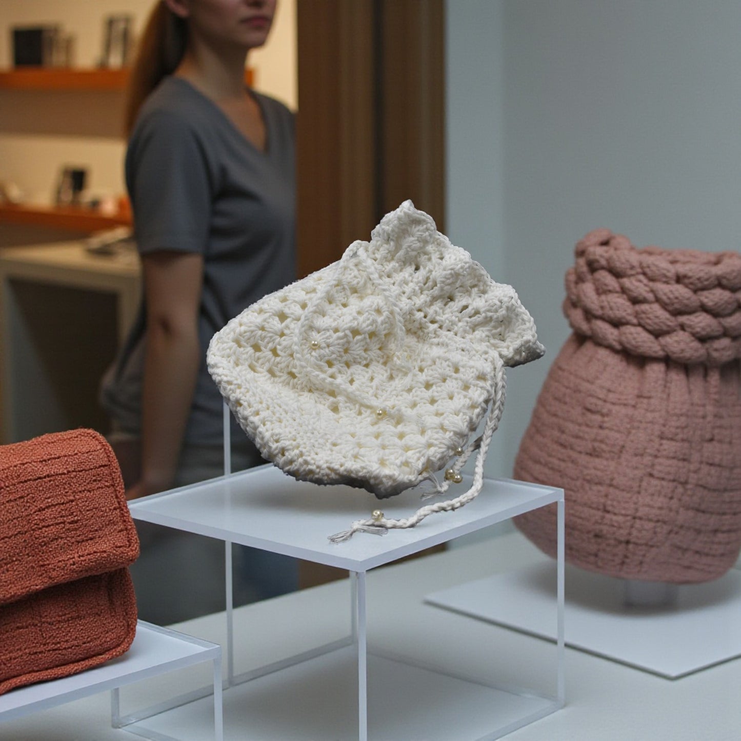 drawstring crochet bag and other handmade items on display with a person in the background shopping