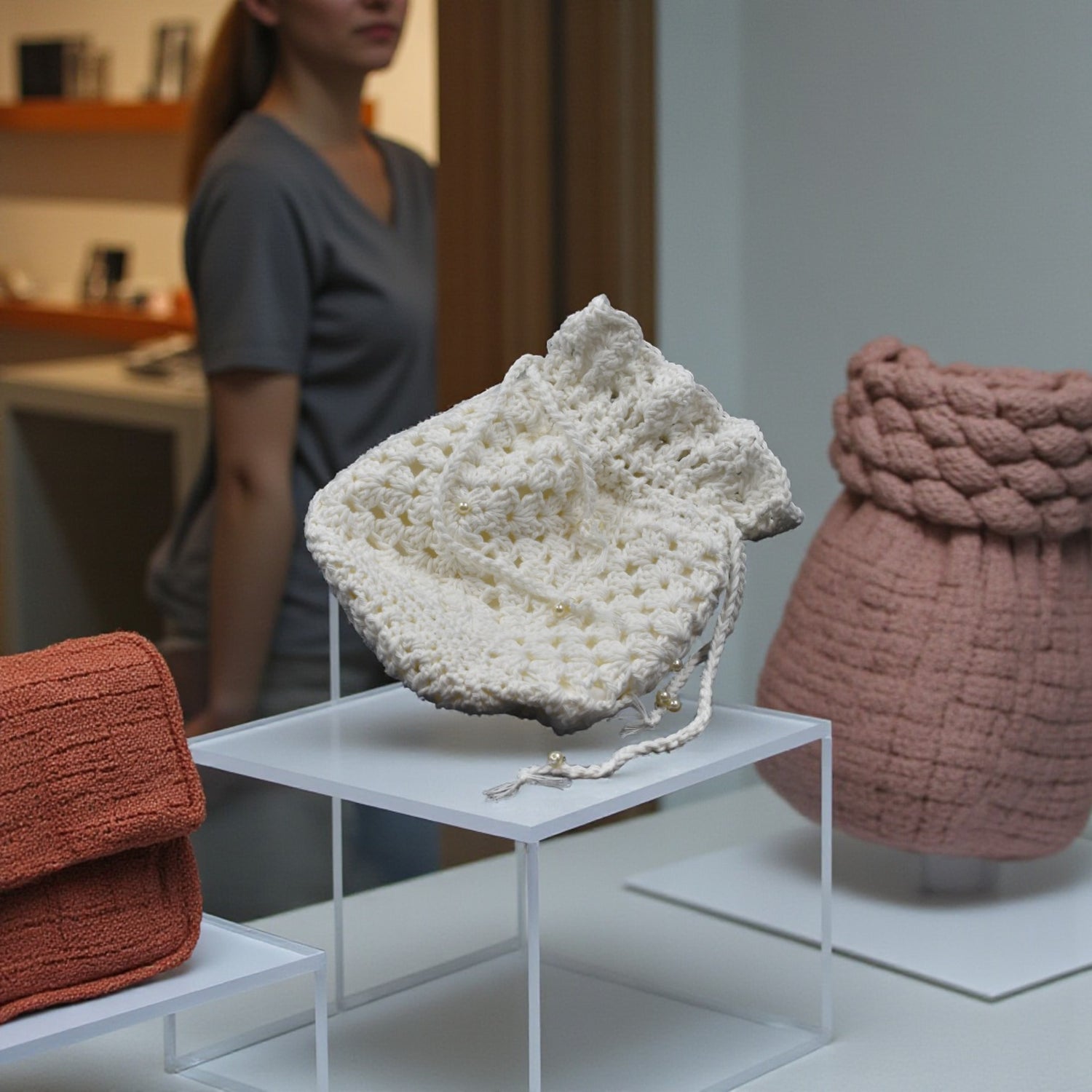 drawstring crochet bag and other handmade items on display with a person in the background shopping