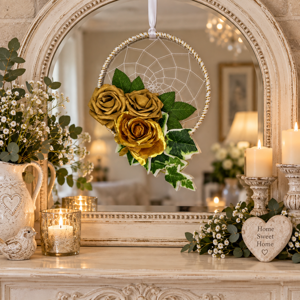 A decorative dreamcatcher with three large gold fabric roses and green leaves hangs in front of an ornate cream mirror. The scene is styled like a cosy living room, with candles, a ceramic pitcher of baby's breath, and a heart-shaped sign reading 'Home Sweet Home' on a mantel.