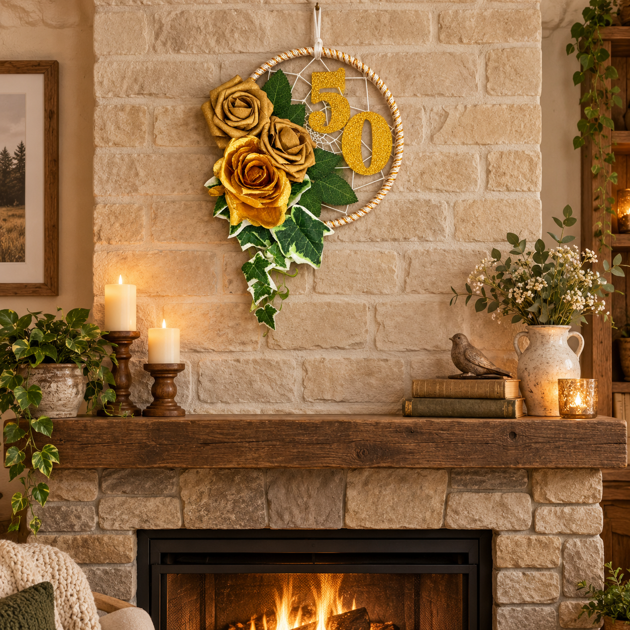 A decorative circular wall hanging with three yellow roses, green leaves, and a gold glittery '50' is displayed above a fireplace mantel in a cozy living room setting.