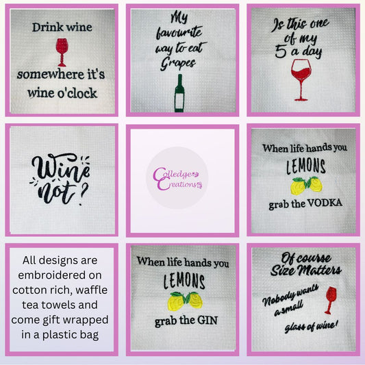 Image of information on the alcohol related tea towels with close up of slogans