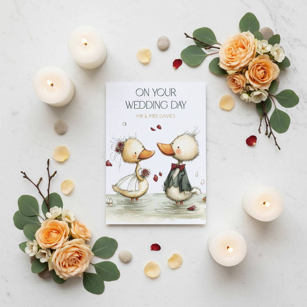 Wedding card with ducks and floral decorations on a light background