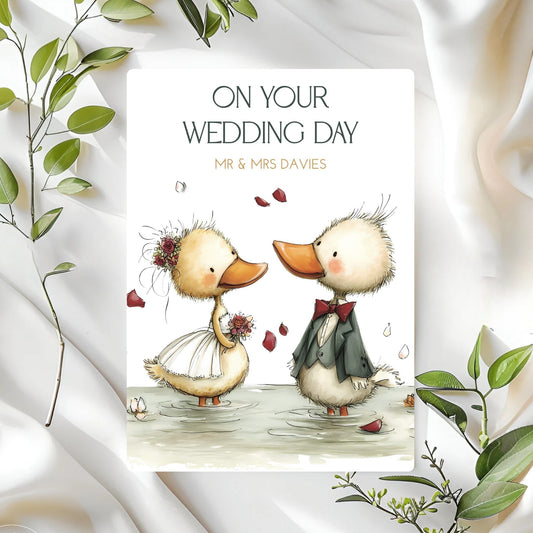 Wedding card featuring cute ducks and personalised with the couples name.
