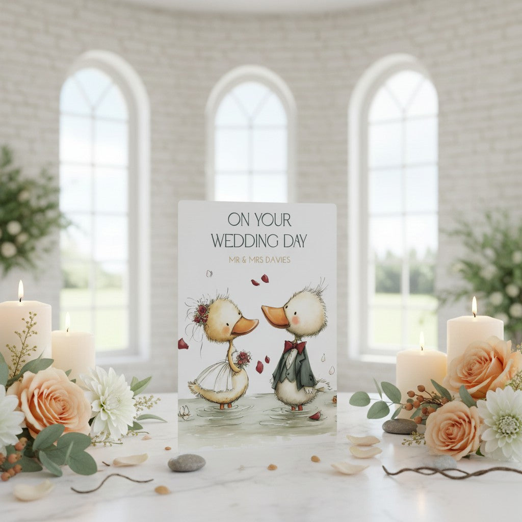 Wedding card with ducks and floral decorations on a table in a church setting