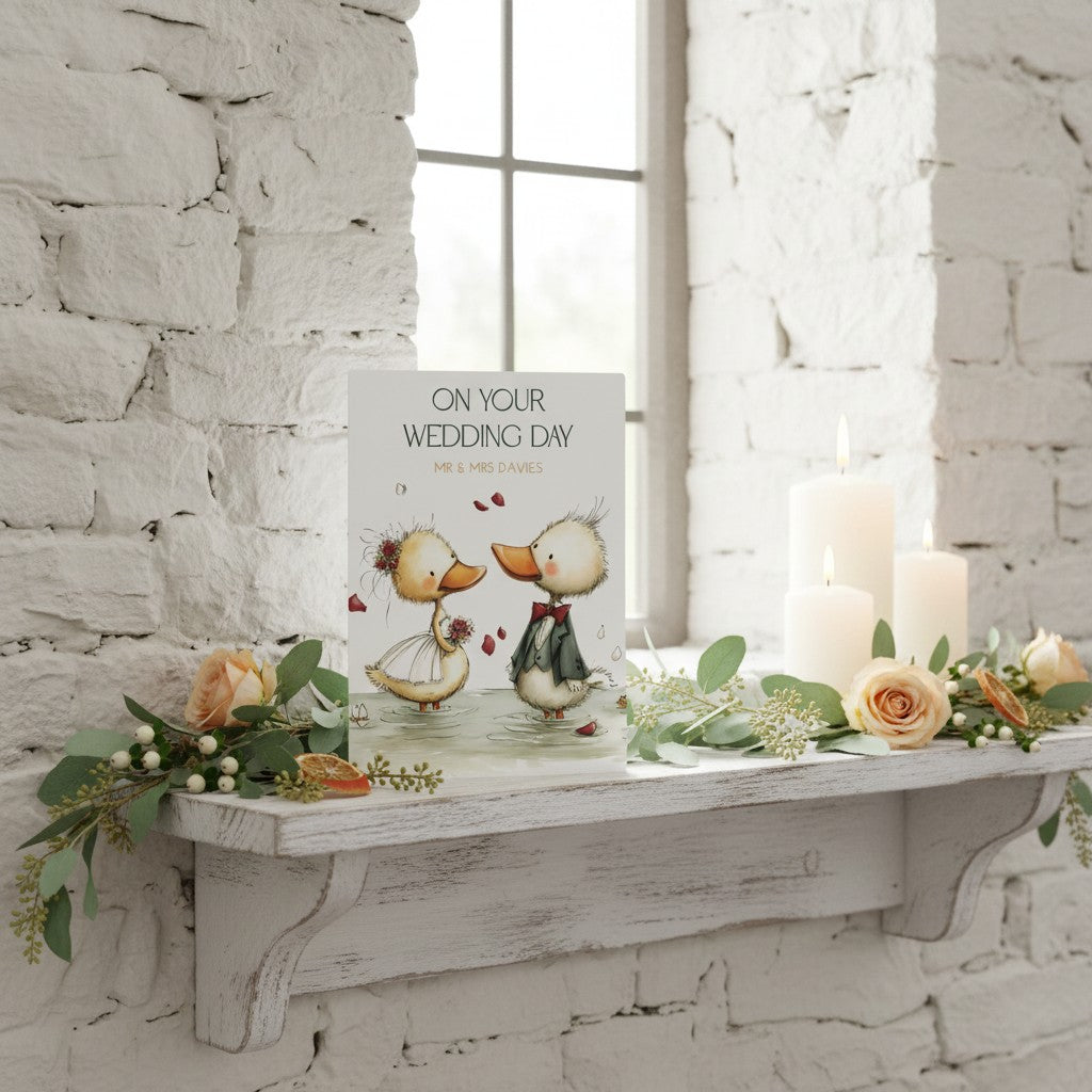Wedding card with ducks on a decorative shelf against a white stone wall.