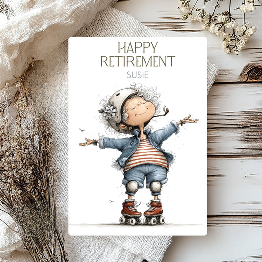 Happy Retirement card with a cartoon character on a textured surface with flowers.