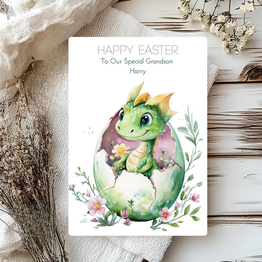 Personalised Boys Easter Card with Dinosaur Illustration – Spring Greeting