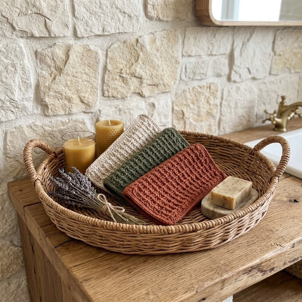 Three textured crocheted washcloths in cream, olive green, and terracotta red are arranged in a round woven wicker tray on a rustic wooden table, styled with candles, lavender, and soap against a stone wall background.