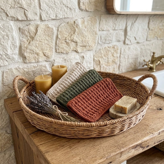 Three textured crocheted washcloths in cream, olive green, and terracotta red are arranged in a round woven wicker tray on a rustic wooden table, styled with candles, lavender, and soap against a stone wall background.