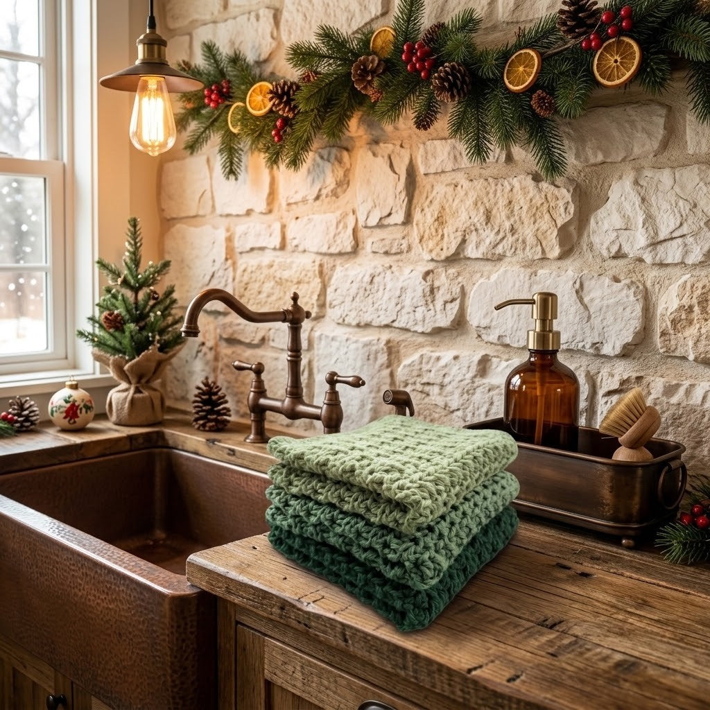 A stack of three green textured knit dishcloths sits on a rustic wooden kitchen counter in front of a farmhouse sink. The scene is decorated for the holidays with a stone wall, a copper faucet, and a garland with pinecones and dried orange slices.