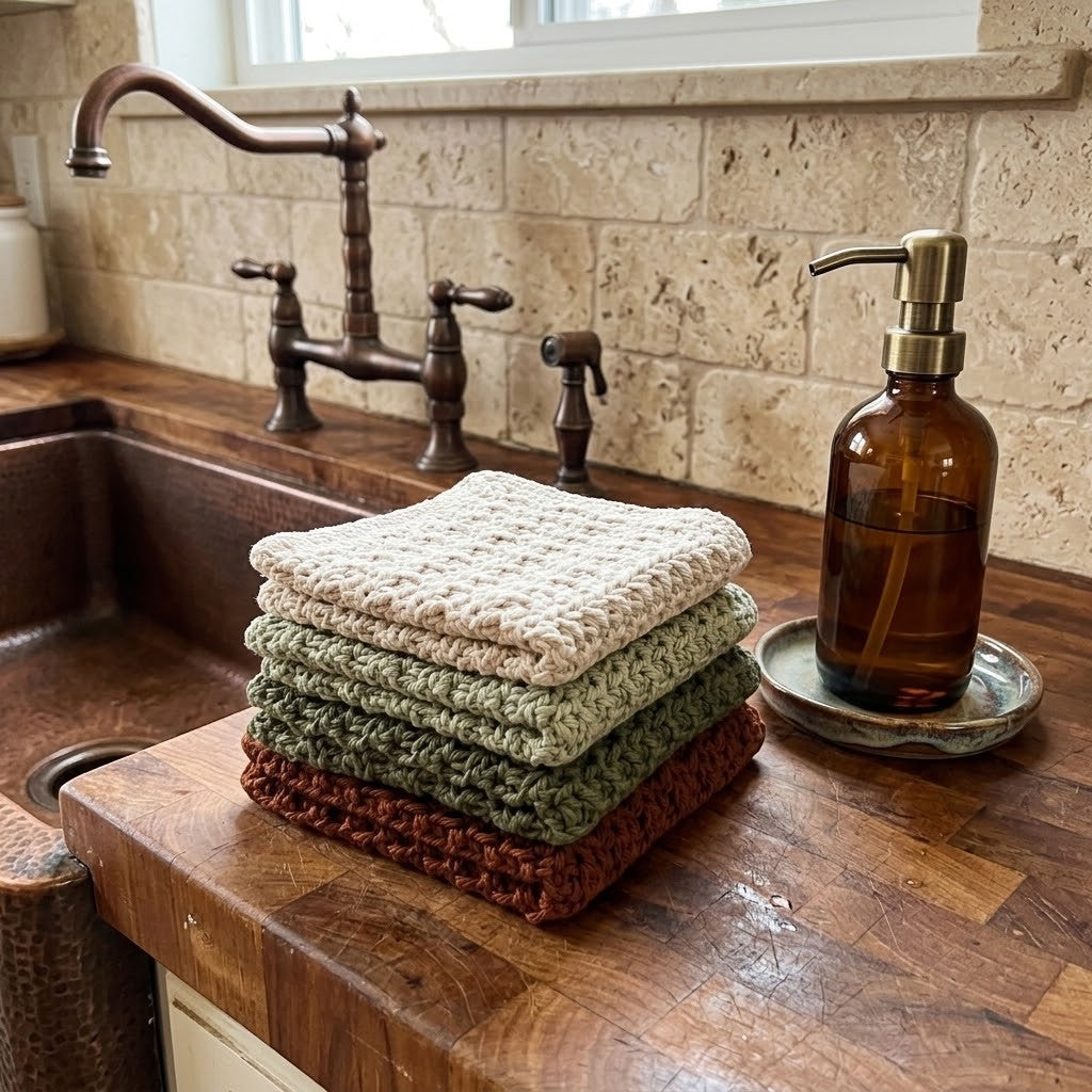 A stack of four crocheted dishcloths in cream, sage green, olive green, and rust brown sits on a rustic wooden kitchen counter next to an amber glass soap dispenser.