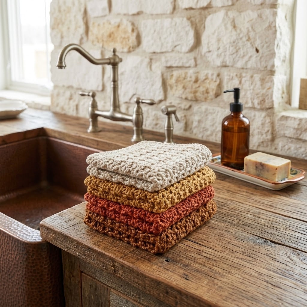 Four stacked crocheted dishcloths in cream, mustard, rust, and brown, displayed on a rustic wooden kitchen counter next to a copper sink and soap dispenser.