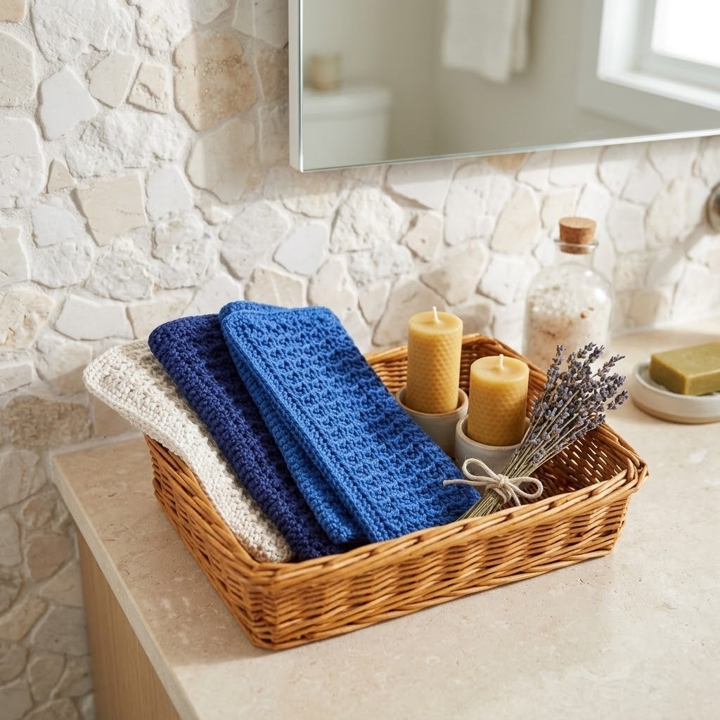 A wicker basket holding folded towels or blankets in cream and blue, styled on a bathroom counter with candles, a bottle, soap, and dried lavender against a stone-tile wall.