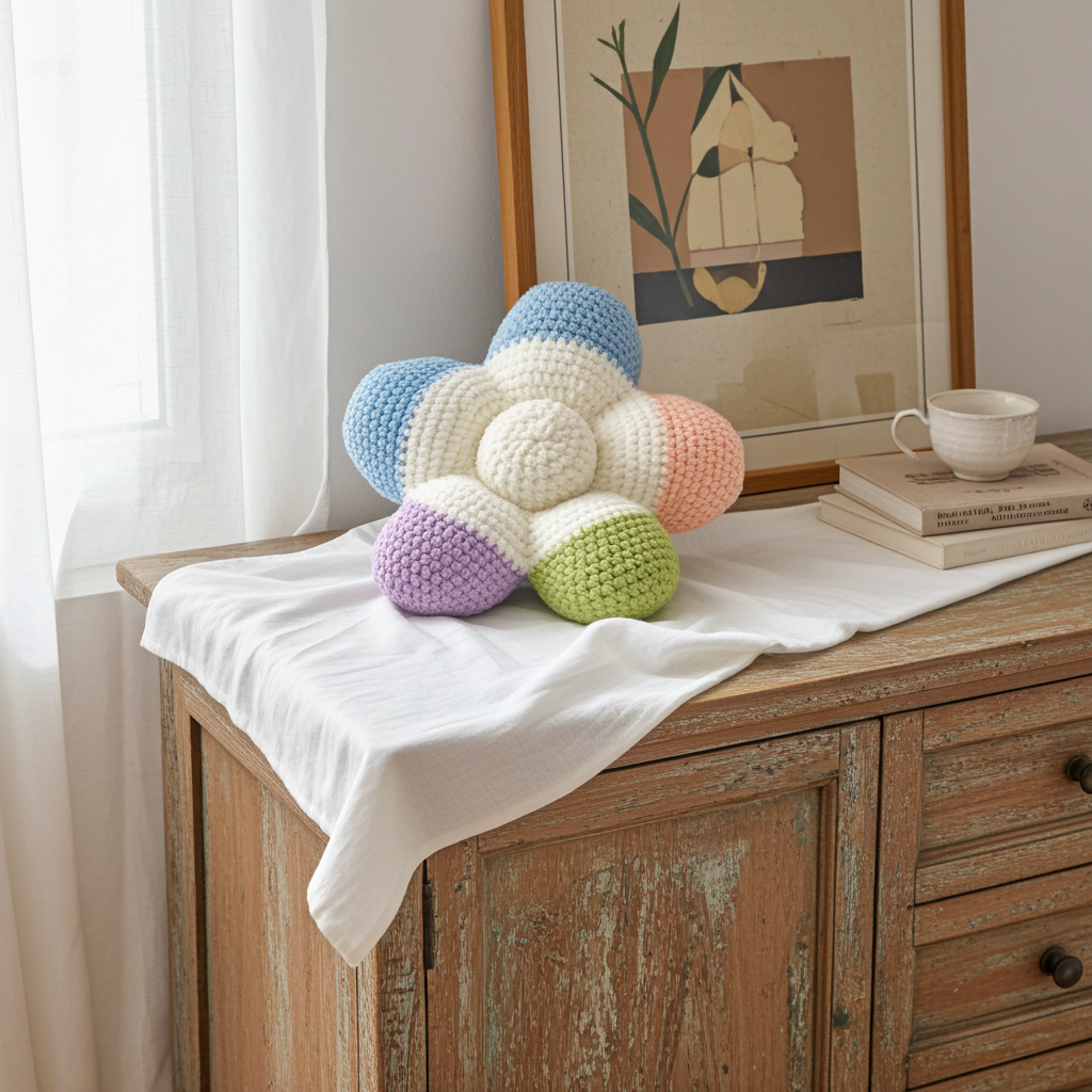 A crocheted flower-shaped plush pillow in pastel colors sits on a white draped cloth atop a rustic wooden cabinet. The background includes a framed art print, a stack of books, and a white teacup in a softly lit room.