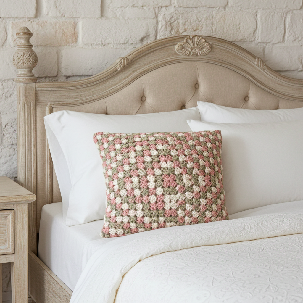 A square crochet throw pillow with a pink, beige, and white granny square pattern, styled on a bed with white pillows and a light wood headboard against a white brick wall.