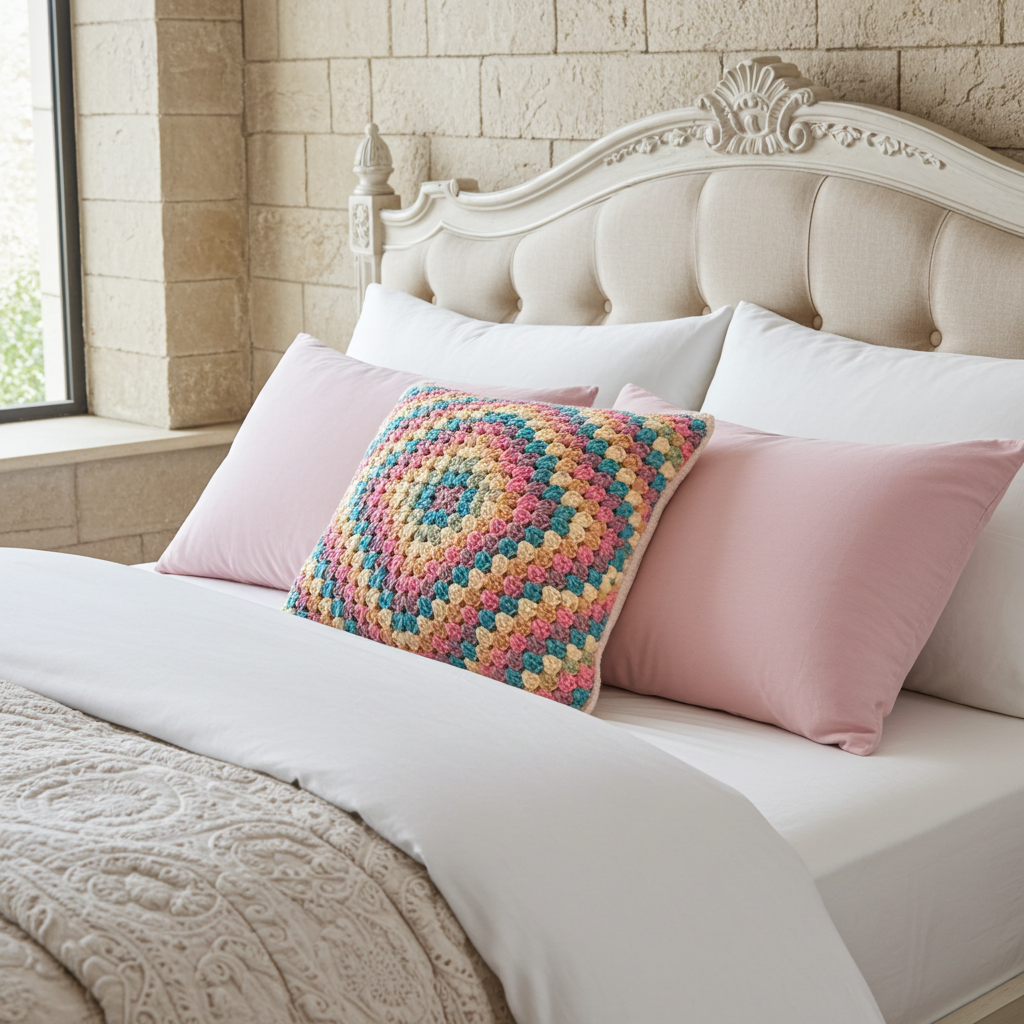 A colourful crocheted accent pillow with a rainbow granny-square pattern, styled on a bed with pink and white pillows against a cream tufted headboard.