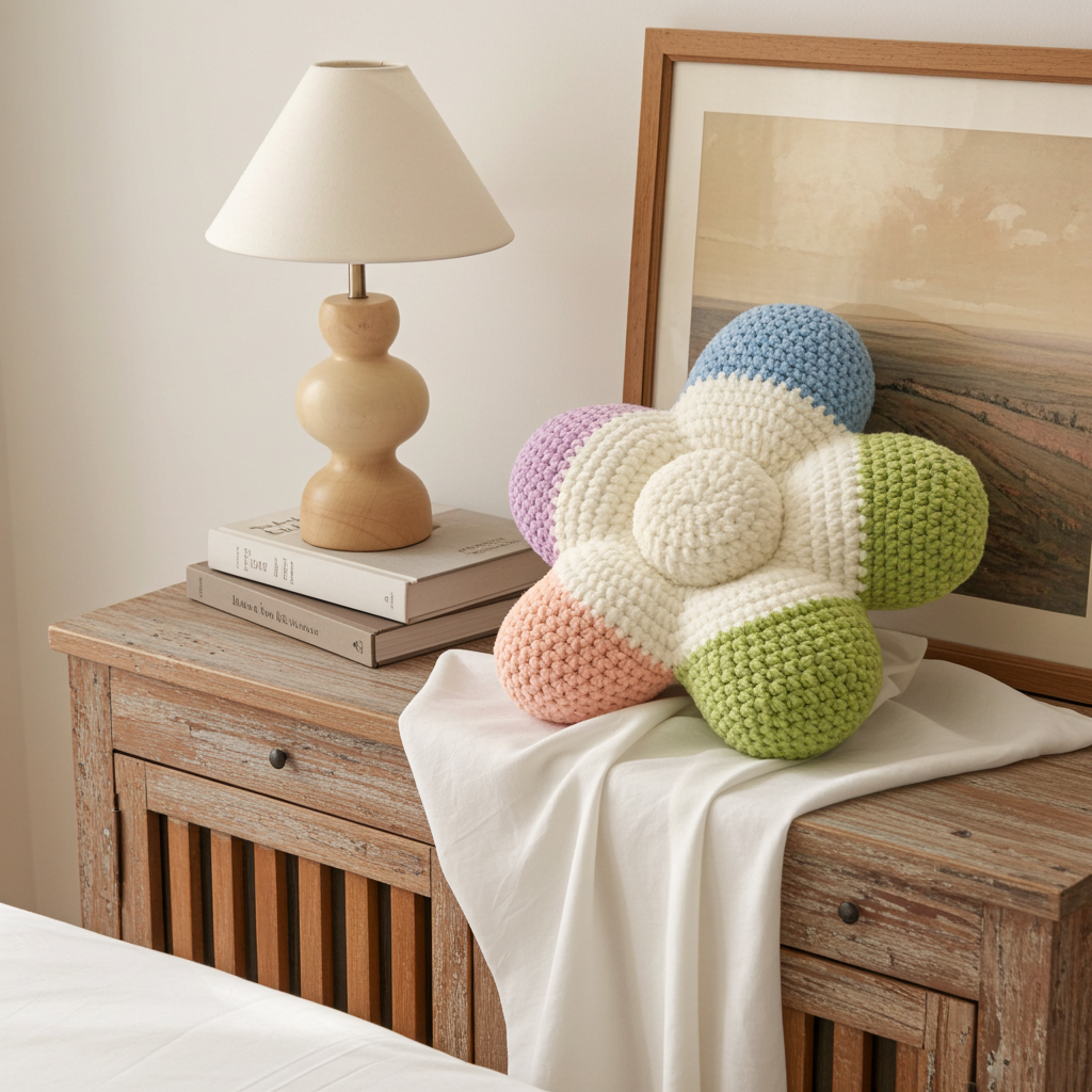 A crocheted flower-shaped pillow in pastel colors sits on a rustic wooden bedside table draped with a white cloth, next to a wooden lamp and a framed picture.