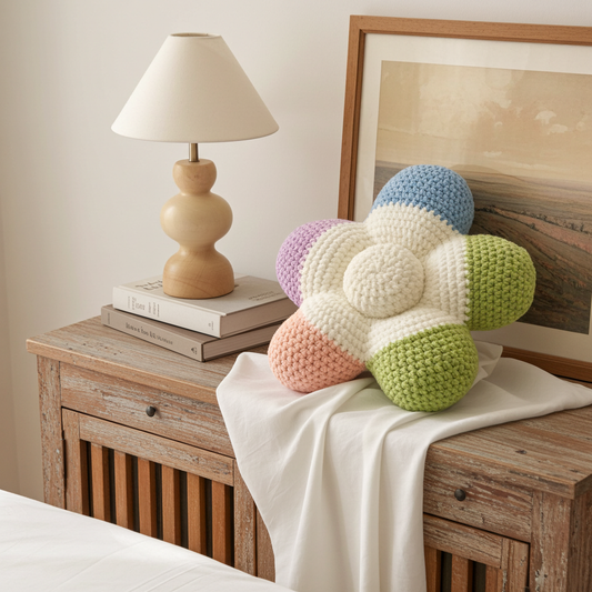 A crocheted flower-shaped pillow in pastel colors sits on a rustic wooden bedside table draped with a white cloth, next to a wooden lamp and a framed picture.