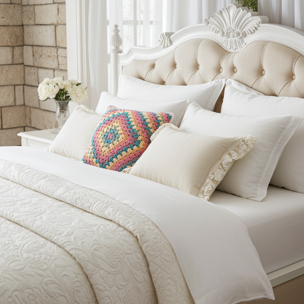 A styled bedroom scene showing a bed with white bedding, cream pillows, and a colorful crocheted accent pillow. The bed frame is white with a tufted headboard, and a stone wall and window are visible in the background.
