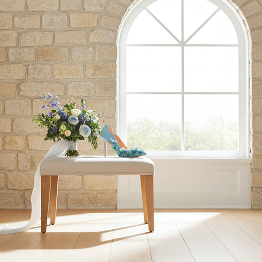 Bouquet of flowers and high-heeled blue wedding shoes on a bench in front of a large window with a stone wall background.