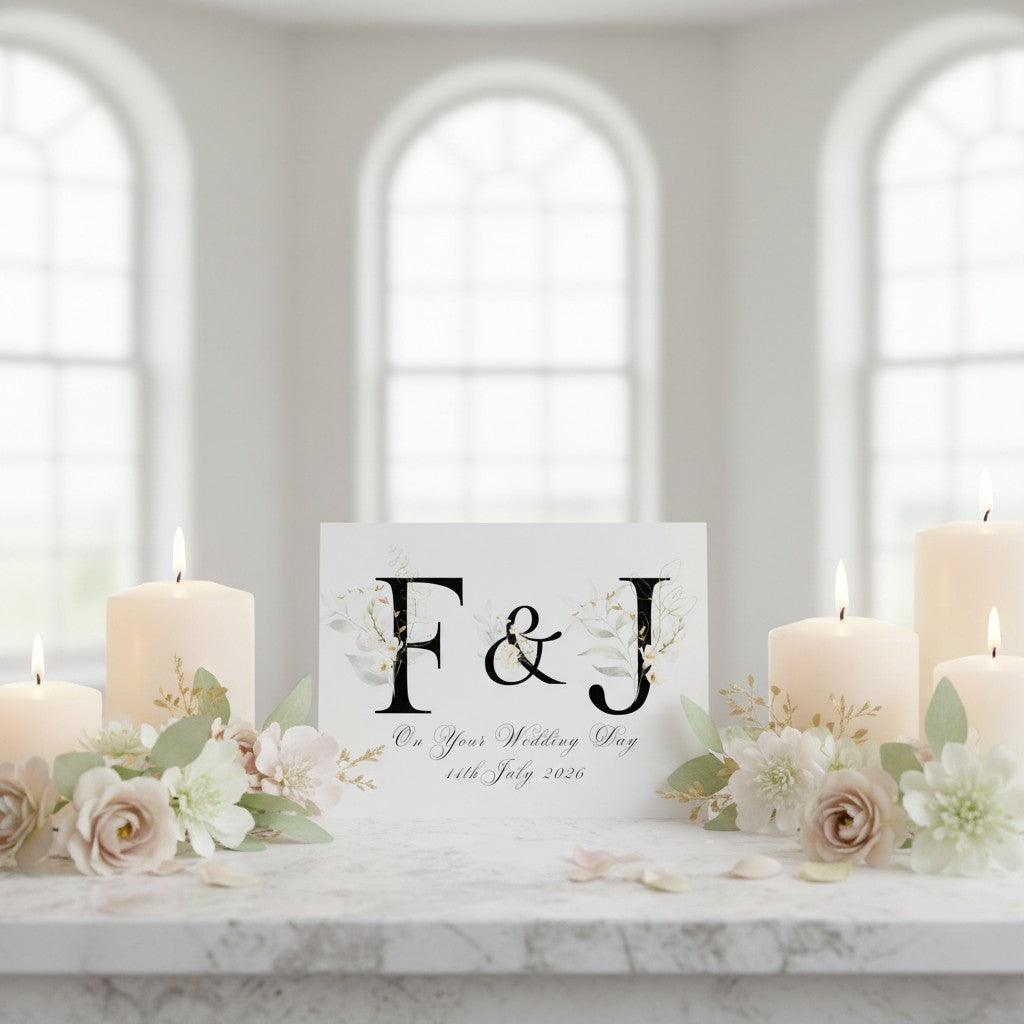 Decorative table setting with candles, flowers, and a card with initials 'F & J' in a room with arched windows.