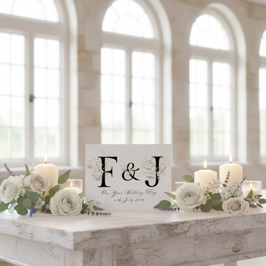 Decorative table setting with candles, flowers, and a wedding card on a marble surface with large windows in the background.