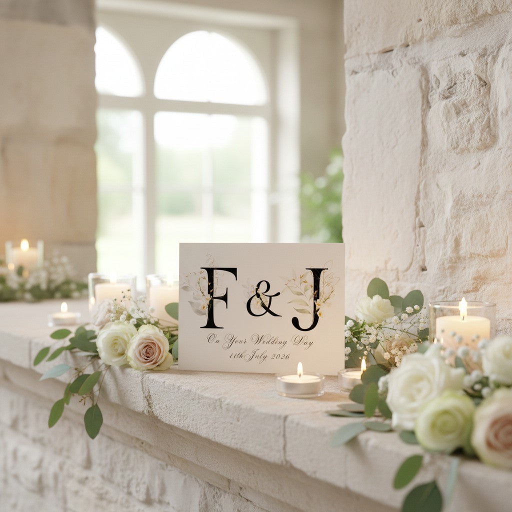 Decorative wedding card with 'F & J' on a mantelpiece with candles and flowers.