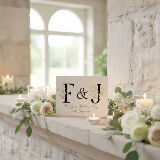 Decorative wedding card with 'F & J' on a mantelpiece with candles and flowers.