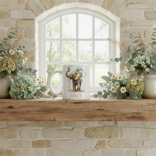 Elephant mug on a rustic wooden shelf surrounded by foliage