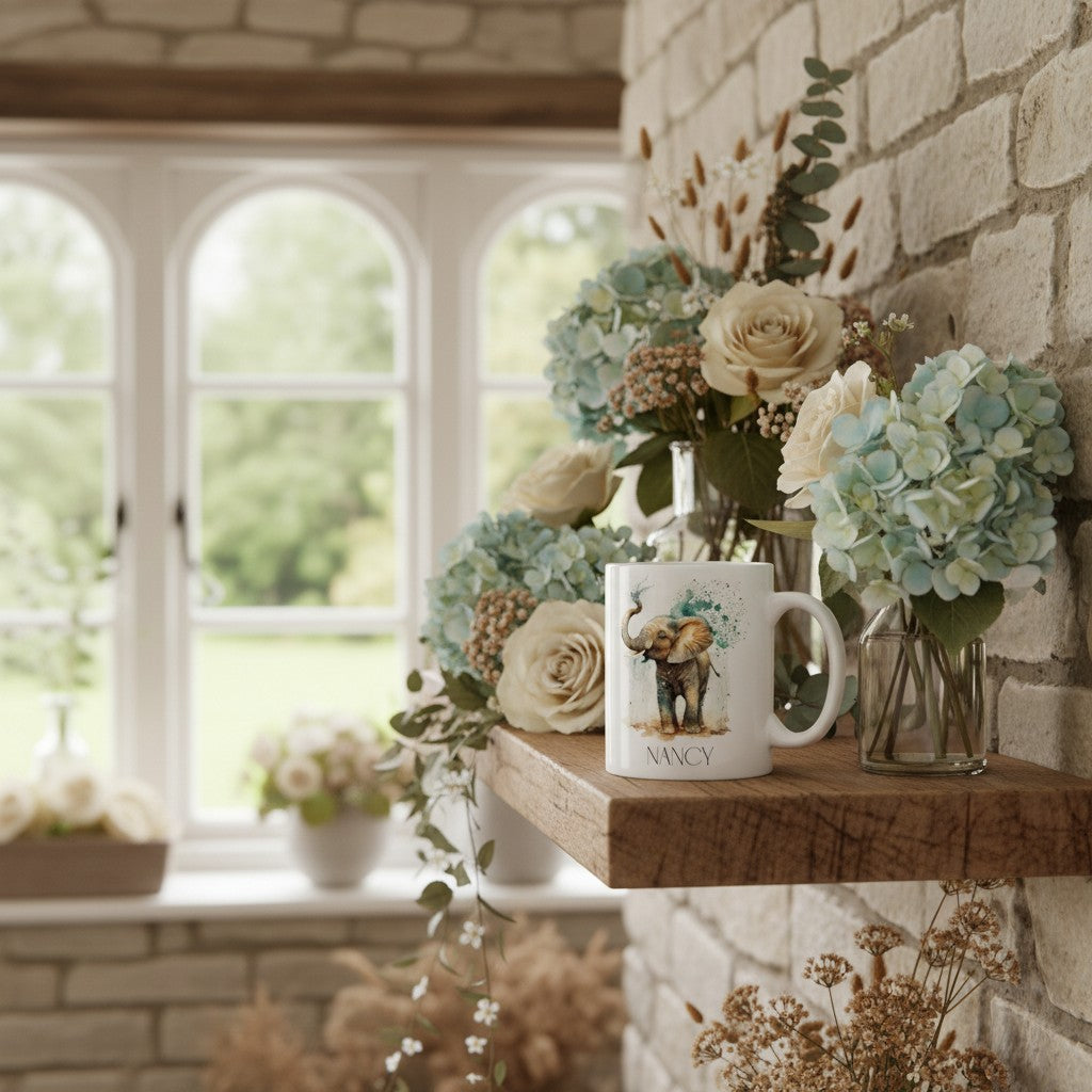 Side view of an elephant mug on a wooden shelf surrounded by foliage