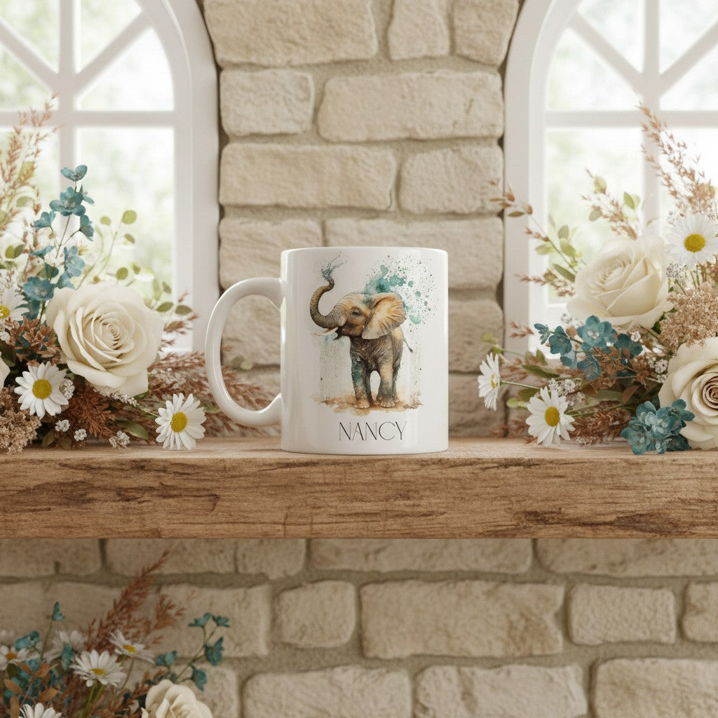 White ceramic elephant mug on a wooden shelf with flowers.