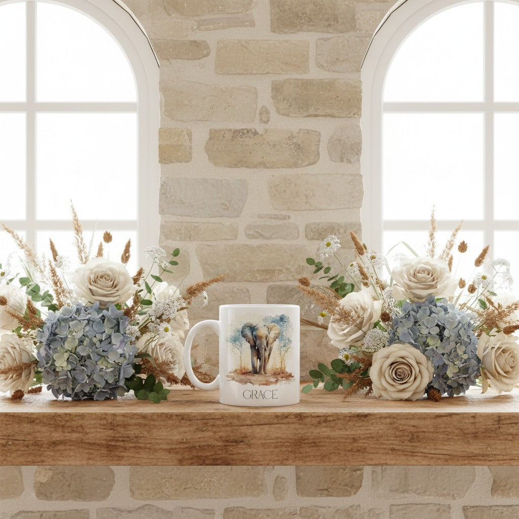 Mug with a design on a wooden surface with flowers and a stone wall background