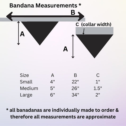 size guide showing the dog bandana available and mentioning they are all handmade to order