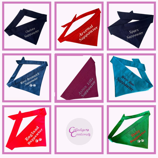 image showing all the embroidered dog bandanas in cute football team colours