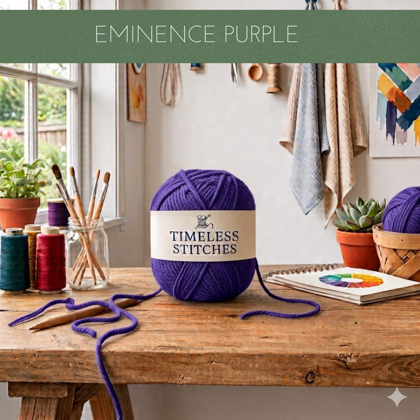 A ball of purple yarn labelled 'TIMELESS STITCHES' sits on a wooden table in a craft room setting, with other yarn balls, knitting needles, and a colour chart nearby. A green banner at the top reads 'EMINENCE PURPLE'.