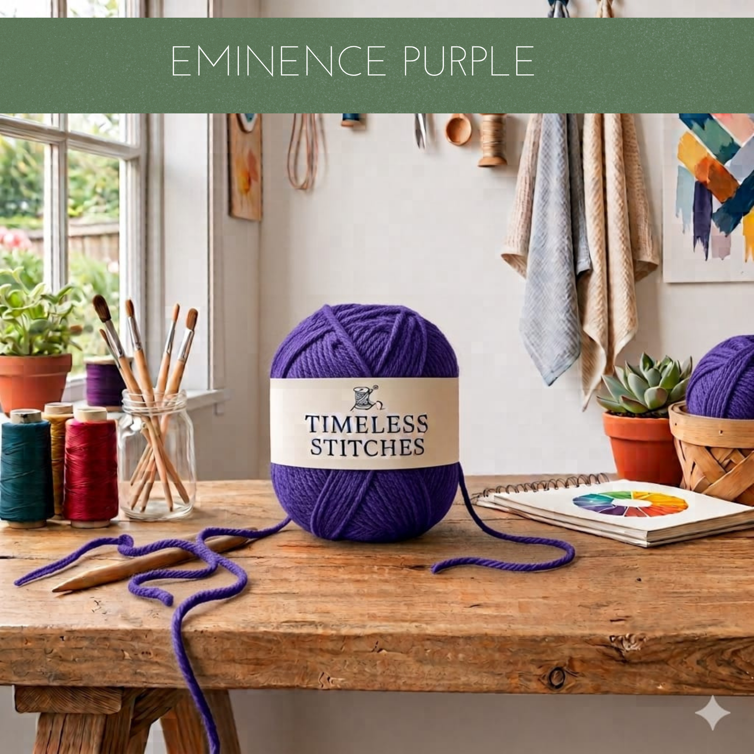 A ball of purple yarn labelled 'TIMELESS STITCHES' sits on a wooden table in a craft room setting, with other yarn balls, knitting needles, and a colour chart nearby. A green banner at the top reads 'EMINENCE PURPLE'.