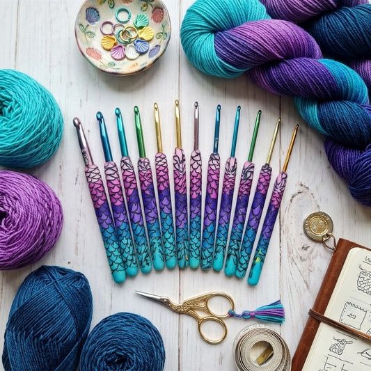 A flat-lay of crochet hooks arranged in a fan shape on a white wooden surface, surrounded by skeins of yarn in teal, purple, and blue, with scissors, a tassel, a small dish of rings, and an open notebook.