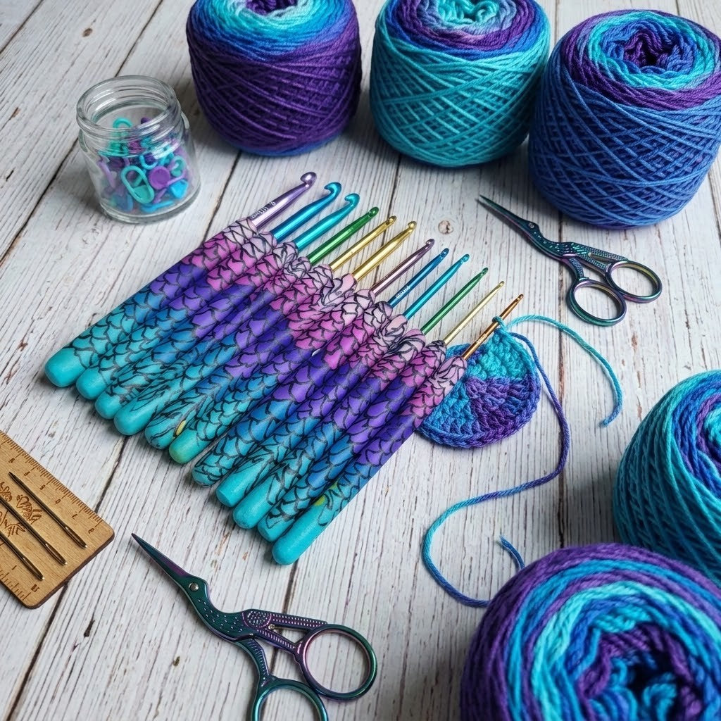 A flat-lay arrangement of crochet hooks and yarn balls in a vibrant blue, teal, and purple variegated colorway, set on a white-washed wooden background with matching scissors and a small jar of stitch markers.