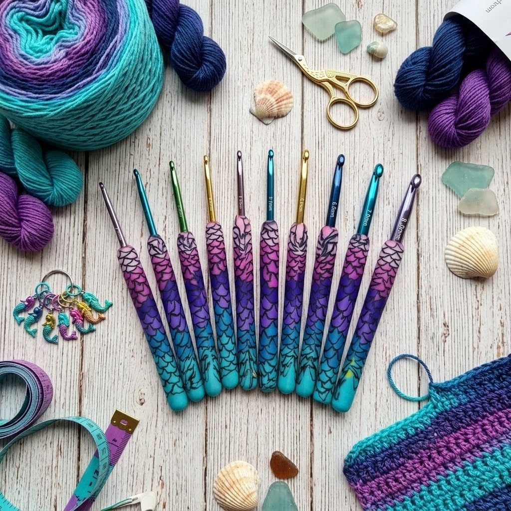 A set of 10 crochet hooks with colourful mermaid-scale handles, arranged in a fan shape on a white wooden surface surrounded by yarn balls, seashells, scissors, and a crochet swatch.