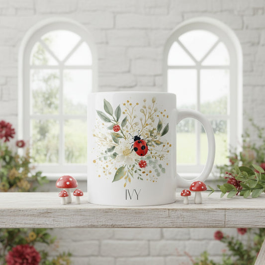 White mug with a ladybird and floral design on a wooden surface with decorative mushrooms and flowers.