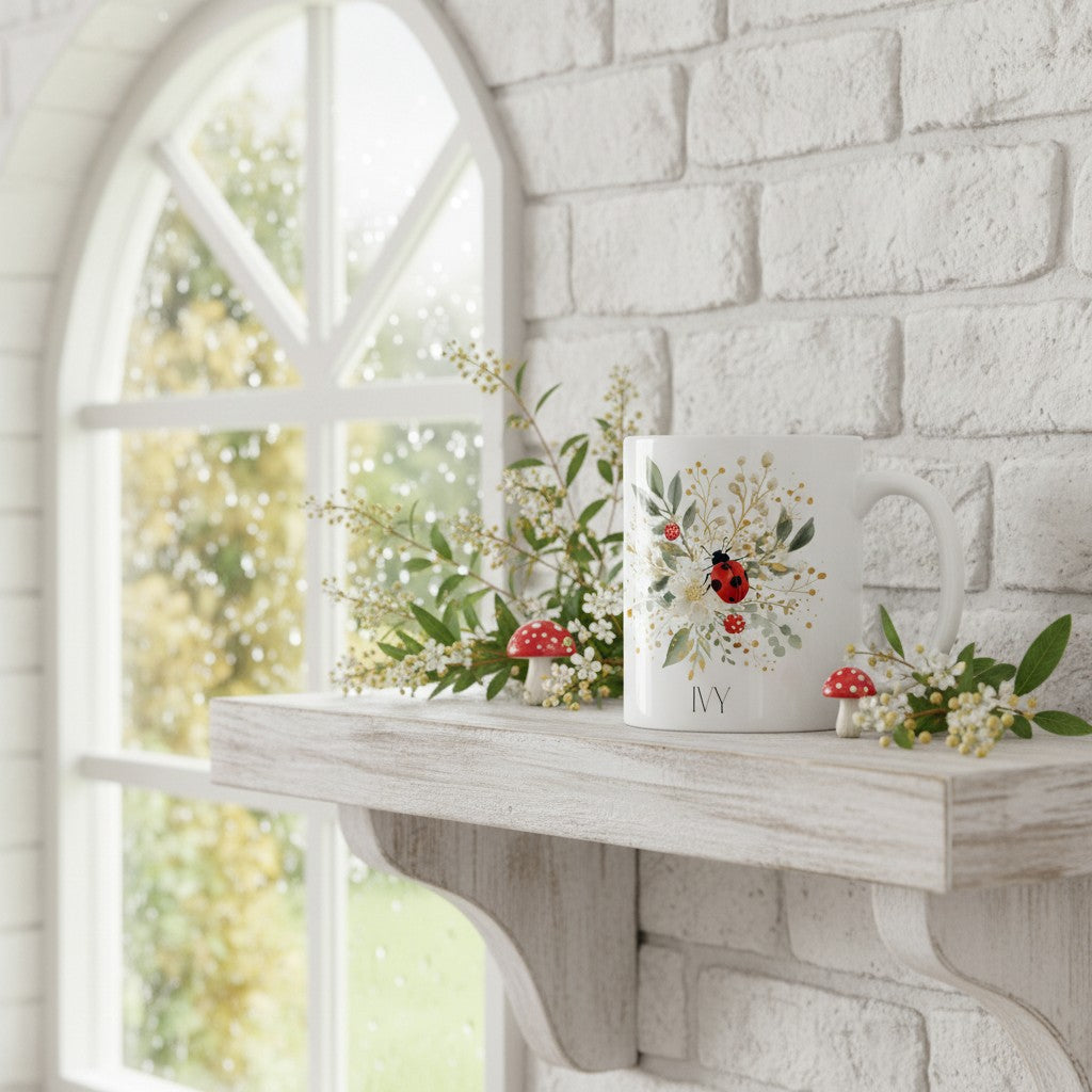 Decorative shelf with a floral arrangement and a decorative ladybird mug against a white brick wall.