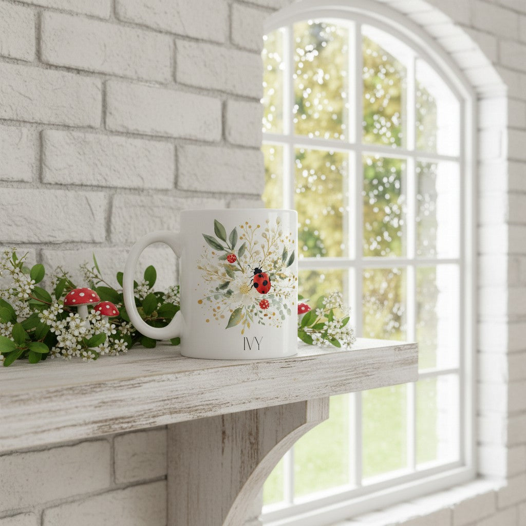 White mug with floral ladybird design and ladybugs on a windowsill with plants.