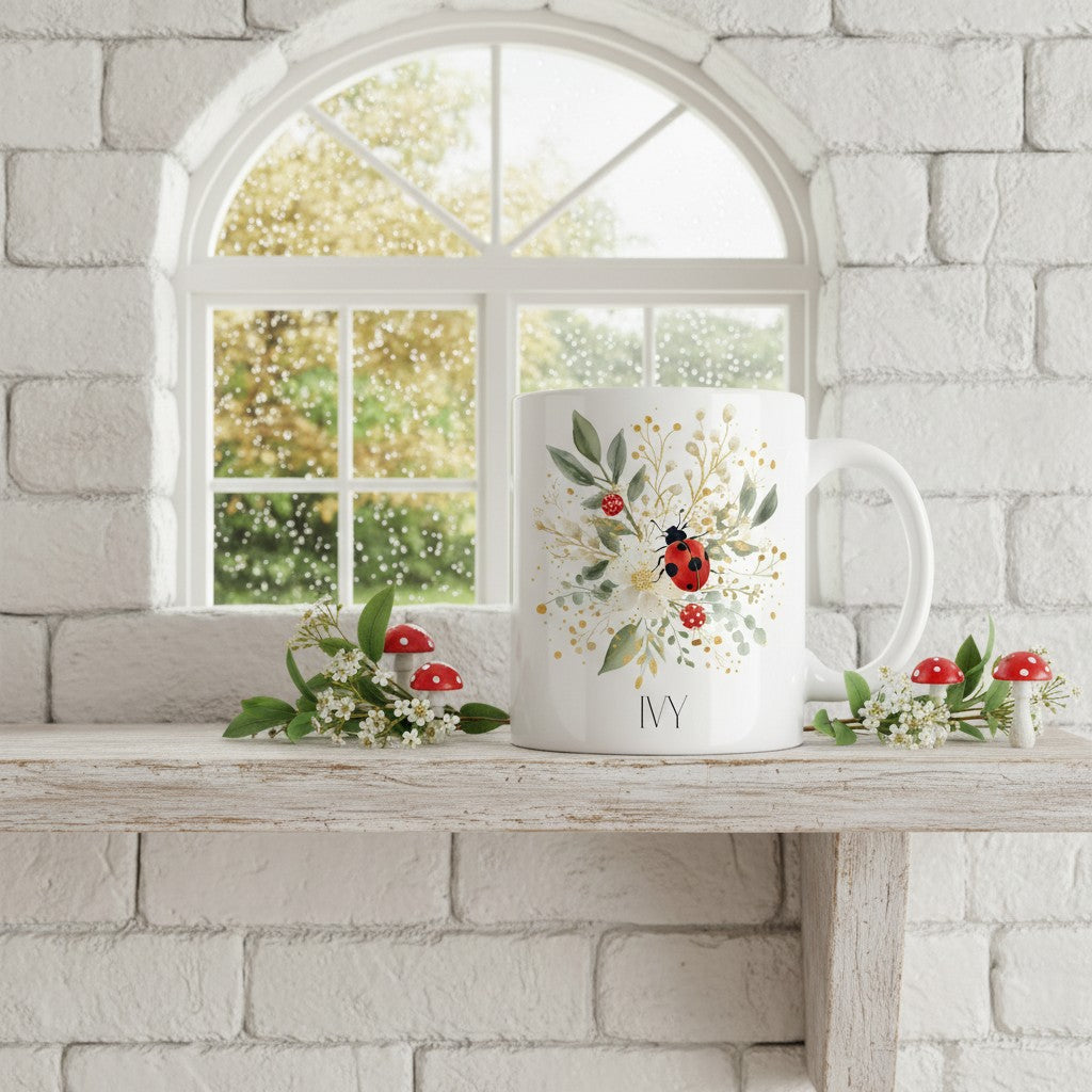 White mug with floral design and ladybird on a wooden surface with decorative plants, against a white brick wall.