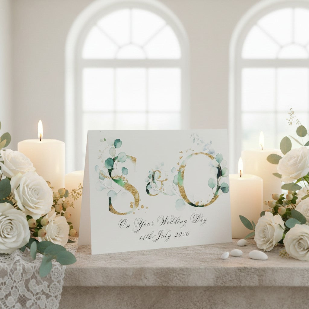 Wedding card with initials 'S&O' surrounded by candles and flowers on a table.