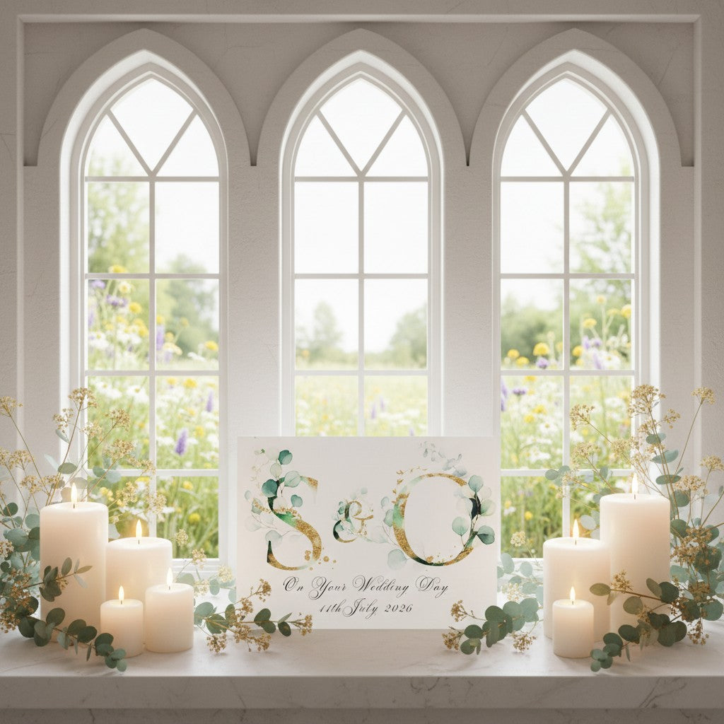 Decorative wedding card with candles and flowers in front of large arched windows.