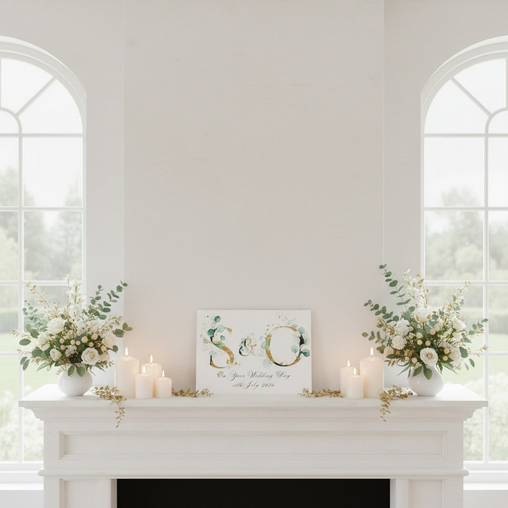 Decorative mantel with floral arrangements, candles, and a wedding card on a white wall.