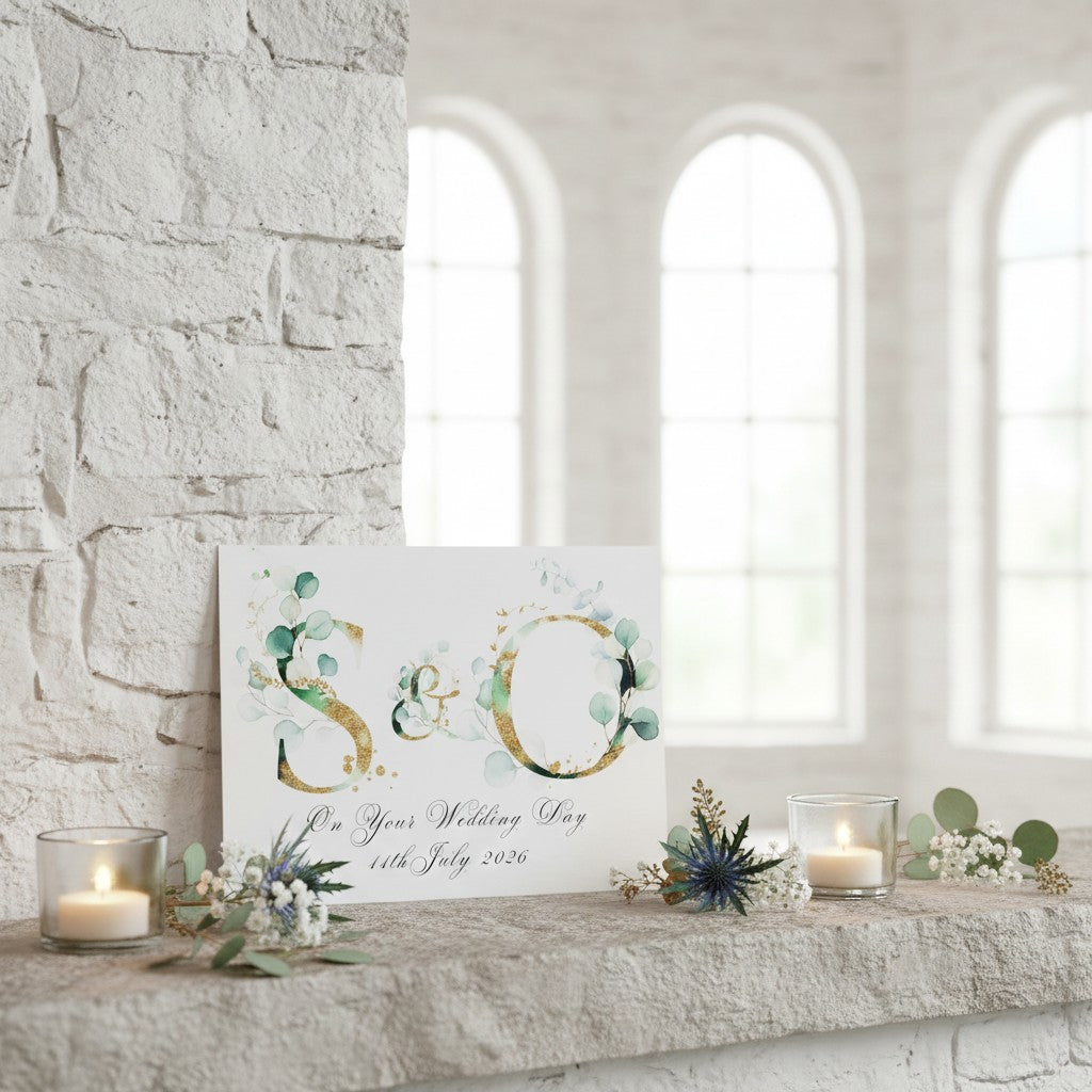 Decorative wedding card with 'S&O' on a table in a room with stone walls and large windows.